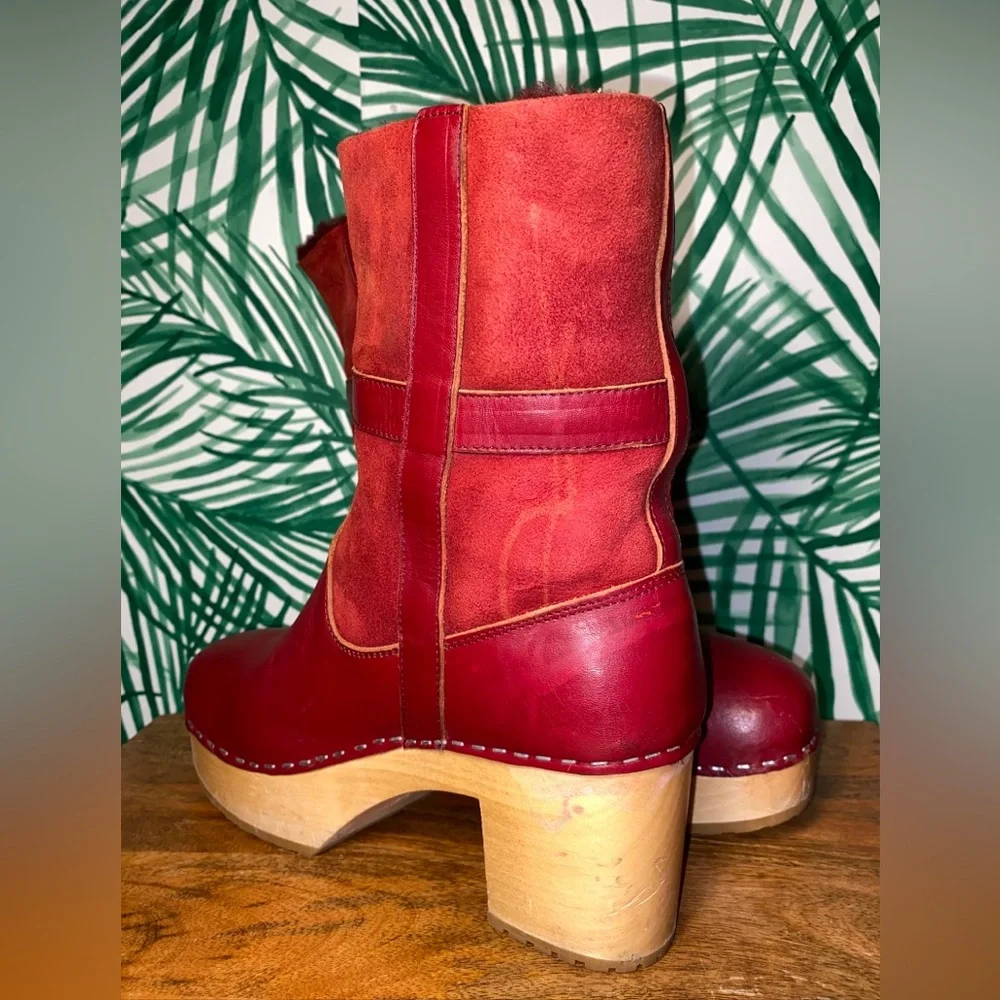 Sweedish Hasbeens Red Leather Shearling Wood Platform Ankle Boots Women’s 39/9 - Picture 8 of 13